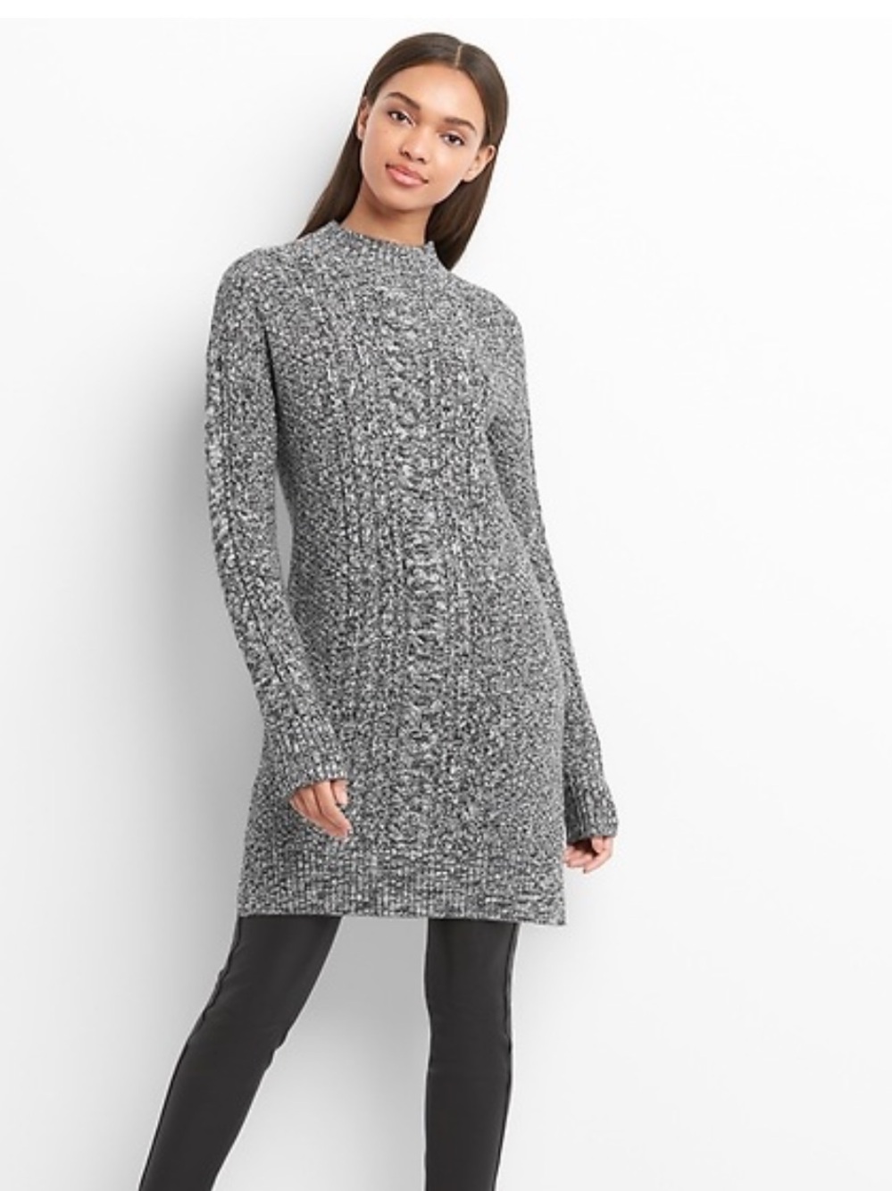 GAP Women's‎ Mockneck Cable-Knit Cotton Sweater Dress Charcoal Cozy Casual
